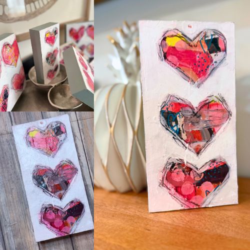 Mixed media heart artwork made with layered collage, paint and expressive textures in bold pink and red tones