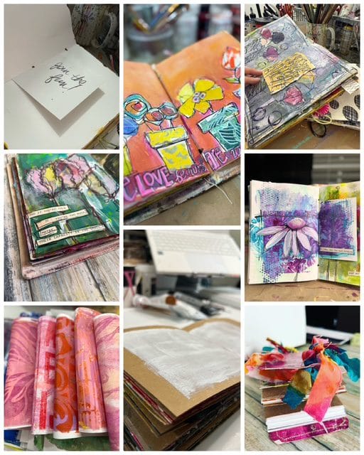 A nine-photo collage promoting an art journal making course. Images include: a handwritten notecard reading "join the fun!"; an open journal spread bursting with painted flowers, bold color blocks, and the words "LOVE" in mixed media; a layered art journal page with stamped patterns and a yellow tag with handwritten text; a close-up of a journal cover with a layered floral painting and a typeset affirmation reading "and if you're told you're too much, maybe their capacity is too small"; a richly textured open journal spread featuring a large purple coneflower on a violet and green background; a blurred in-progress studio shot showing paint and tools; a stack of gel-printed pages rolled and bundled in pink and orange; a stack of gesso-prepped journal signatures ready for binding; and a finished handmade book tied with colorful dyed fabric ribbon.