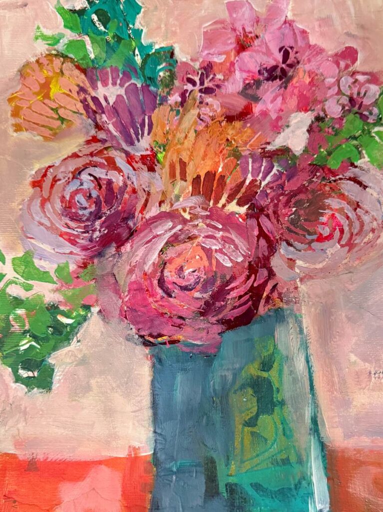 Abstract mixed media floral art print featuring vibrant pink, orange, and yellow botanical blooms with teal and green textured accents.