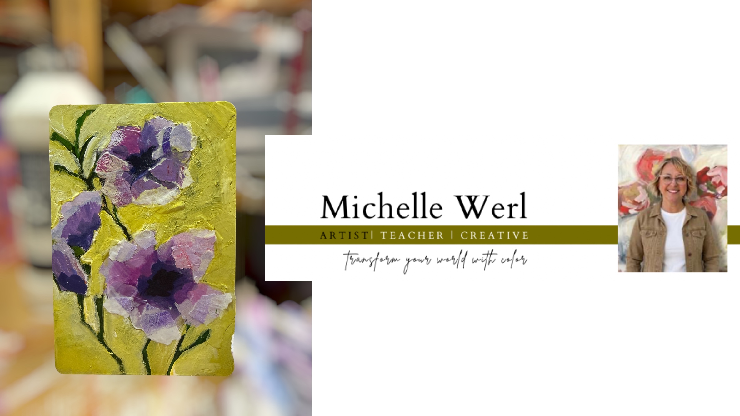 mixed media tag with purple flowers